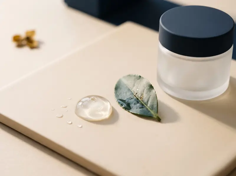 Clear gel drop and water beads on a cream ceramic tile beside a green tea leaf and a frosted glass jar