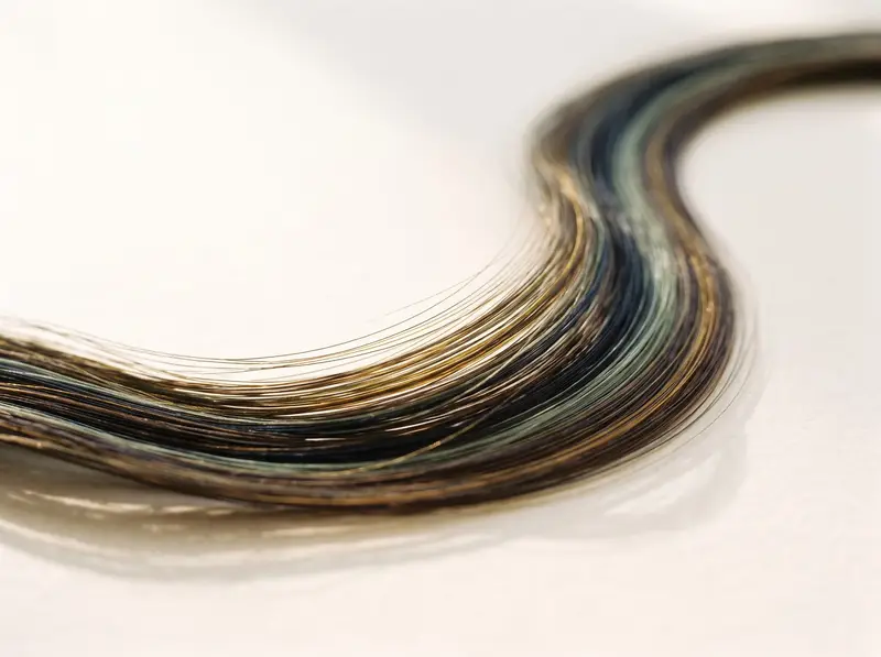 Fine glossy fibres in brown, ink and gold tones sweeping in a soft curve across a cream surface