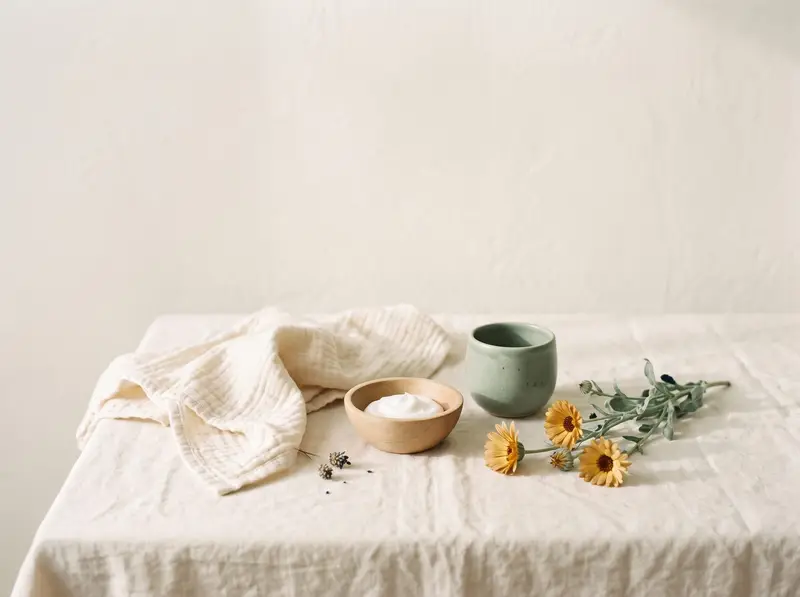 Cotton muslin cloth, a wooden bowl of white cream, a sage cup and calendula flowers on cream linen
