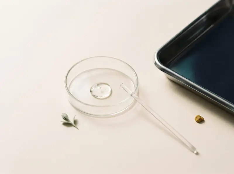 Glass petri dish holding a drop of serum with a glass rod beside a steel tray on a cream surface