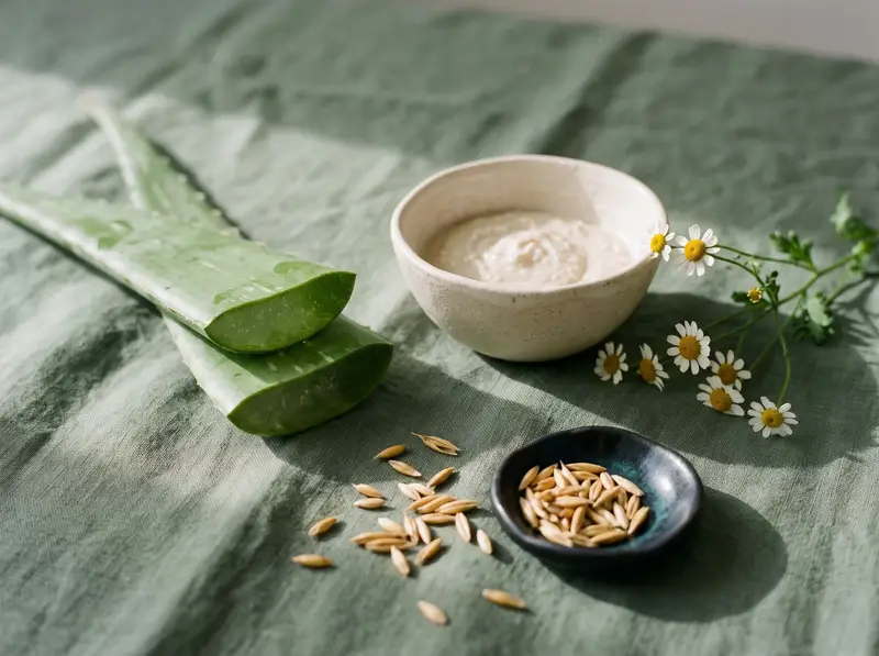 Cut aloe vera leaf, a bowl of oat cream, oat grains and chamomile flowers on sage linen