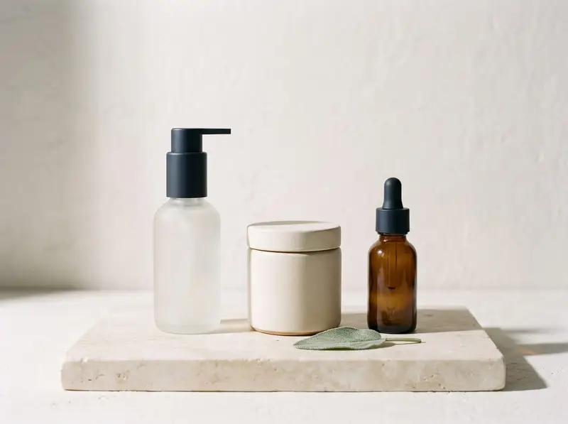 Frosted pump bottle, cream ceramic jar and amber dropper bottle on a stone plinth with a sage leaf