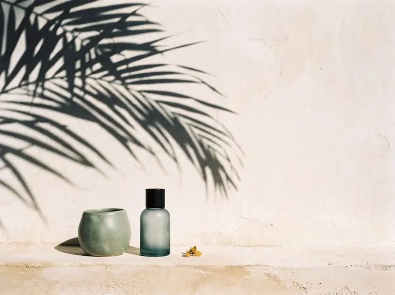 Crisp palm leaf shadow in hard sunlight on a cream plaster wall above a sage vessel and a frosted bottle