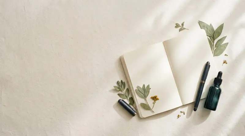 Open blank notebook with pressed sage leaves, a fountain pen and a dark glass dropper bottle on cream paper