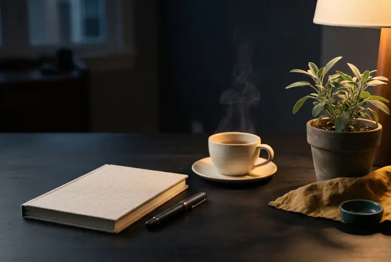 Closed linen notebook, fountain pen, steaming cup of tea and a sage plant on a desk in warm lamp light at dusk