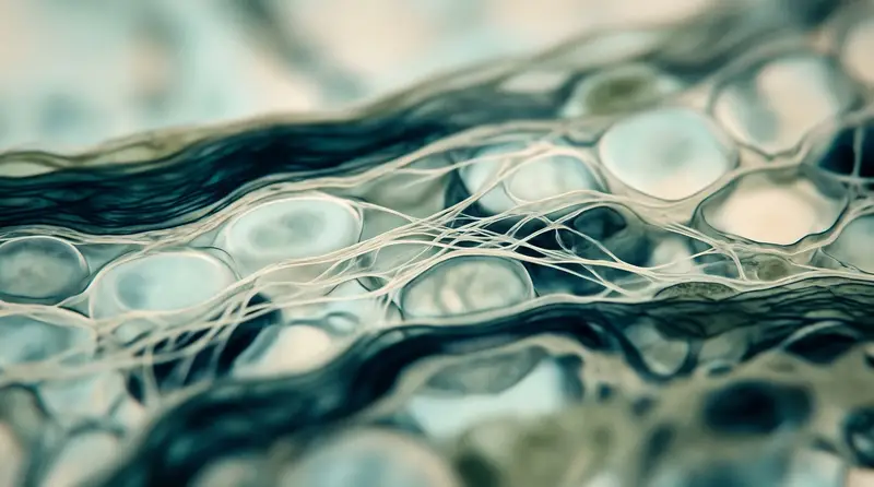 Abstract macro of translucent cells and fine collagen strands in layered teal and cream, evoking skin under a microscope